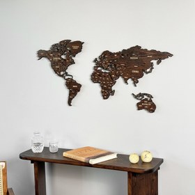 Resim 3D Ahşap Dünya Haritası - Dekoratif Metal & Ahşap Duvar Dekoru (Koyu Kahverengi) - 200x115 / Koyu Kahverengi 