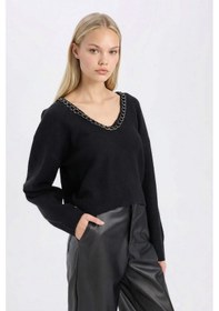 Resim DeFacto Oversize Geniş Kalıp V Yaka Triko Kazak E2309AX24WNBK27 Siyah 