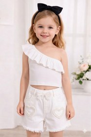 Resim HEREN Kız Çocuk 2'li Fırfırlı Tek Omuz Crop Set- Kız Çocuk Tek Omuz Fırfırlı Ribanalı Crop Top Badi Bluz 