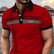 Resim Erkek Yaz Polo Gömlek - Düğmeli Yaka ile Rahat Çizgili Kısa Kollu, %100 Polyester Örgü Kumaş, Hafif Esneklik, Düzenli Kesim, Yarım Plaket - Golf ve Tenis Spor Giyim 