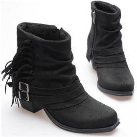 Resim Kadın Süet Bot Büzgülü Topuklu Püsküllü Siyah Ferra Siyah 