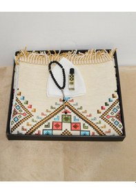 Resim Erkekler İçin Seccade Takke Tesbih Esans Hediyelik Seti Kilim Desenli Kadife Astarlı Seccade Ve Özel Kutulu Lüks Hac Umre Hediyesi Beyaz 