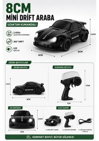 Resim 8cm 1:64 Ölçek Uzaktan Kumandalı Drift Araba Led Işıklı Şarjlı Oyuncak Siyah 
