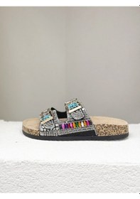 Resim 25y102-2 Çift Tokalı Taşlı Mantar Taban Terlik Kadın Siyah 