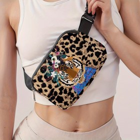 Resim 1 adet Moda Kaplan Desenli Göğüs Pocketsi, Polyester Casual Bel Çantası, Ayarlanabilir Omuz Askısı, Fermuar Kapatma, Astarsız, Günlük Toplu Taşıma, Seyahat, Yürüyüş, Yoga için 