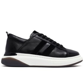 Resim Men's Black Lace-Up Thick Sole Leather Sneakers 