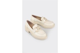 Resim Elle Bej Deri Kadın Loafer 