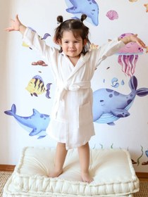 Resim %100 Pamuk 4 Kat Muslin Bebek Çocuk Bornozu | Düz Renkli Kapüşonlu Bornoz - Hardal / 1-3 Yaş 