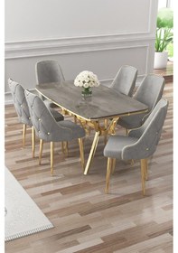 Resim Canisa Asel Serisi 90x160 Lak Panel Antrasit İroni Gold Kaplama Ayaklı Masa Takımı Ve 6 Gri Sandalye Antrasit İroni Masa Gri Sandalye Ayaklar Gold 