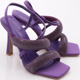Resim Dgn 2032 Kadin Sirali Kalin Sirali Ve Çapraz Bantli Silver Taşli Topuklu Sandalet 2032-2219-R12475 Mor 