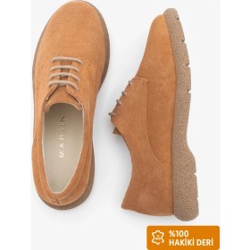 Resim Marjin Kadın Deri Oxford Ayakkabı Bağcıklı Günlük Ayakkabı Alyen Taba Süet 