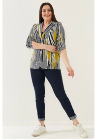 Resim Lady Majestic Büyük Beden Çizgili Ceket - Hardal 