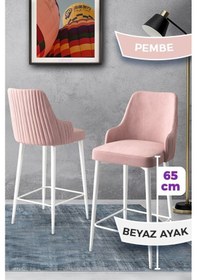 Resim Canisa Tera Serisi 2 Pembe Sandalye 65 Cm Ada Mutfak Bar Sandalyesi Babyface Kumaş Beyaz Metal Ayaklı Sandalye Pembe Ayakları Beyaz 