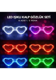 Resim Led Işıklı Kalp Glow Pilli Parti Gözlüğü 6 Adet / 5 Renk Set Tüm Yaşlar 
