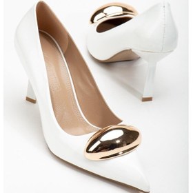 Resim Rugan İnce Topuk Metal Aksesuarlı Beyaz Kadın Stiletto-3175-beyaz Beyaz 