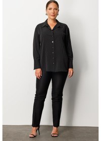 Resim Moda İlgi Kadın Büyük Beden Simli Çizgili Gömlek 0034 Siyah Siyah 