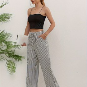 Resim Kadın Çizgili Günlük Pantolon, Elastik Bel İpli Geniş Paça Pantolon, Nefes Alabilen Polyester Kumaş, Her Mevsim Rahatlık 