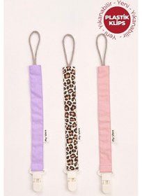 Resim Lila - Leopar - Pudra - Plastik Klipsli Emzik Askısı Seti - 3'lü Emzik Zinciri Seti 