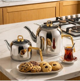 Resim Lines Lcm-0102-3 Mercan Aile Boy Paslanmaz Çelik Gold Kulp 1.25-2.80 Lt Çaydanlık Takımı Altın 