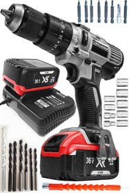 Resim Bulldozer Redmax 36v Darbeli Akülü Şarjlı Vidalama Matkap 5ah 13mm Metal Mandren Çift Akülü 