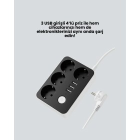 Resim Zero Land Nrzsnt 3 USB Çıkışlı 4’lü Akıllı Priz 2500W 2 Metre Kablo 