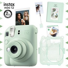 Resim Instax mini 12 Pembe Fotoğraf Makinesi-10'lu Film-Kıskaçlı Stand-PVC Albüm ve Simli Pleksi Kılıf Seti 
