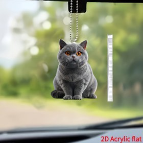 Resim İngiliz Kısa Tüylü Kedi Anahtarlık Detaylı 2D Düz Akrilik Araba Kolyesi - 2D Akrilik Araba İçi Dekorasyon 