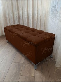 Resim Çizgi Kapitoneli Sandıklı Puf 90 Cm Gümüş Ayak Kahve 