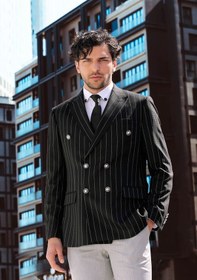Resim Wessi Kruvaze Slim Fit Çizgili Siyah Erkek Ceket Siyah 