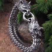 Resim Paslanmaz Çelik Viking Kurt Şanslı Bilezik, Punk Tarzı Gümüş Mesh Zincir, 304 Paslanmaz Çelik Biker Takı, Kolye Yok, Rock Never Fade Tasarımı 