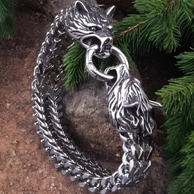 Resim Paslanmaz Çelik Viking Kurt Şanslı Bilezik, Punk Tarzı Gümüş Mesh Zincir, 304 Paslanmaz Çelik Biker Takı, Kolye Yok, Rock Never Fade Tasarımı 