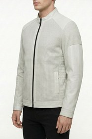 Resim ECOTİQUE Erkek Slim Fit Su Geçirmez Hakiki Gerçek Deri Ceket & Mont Beyaz Deri 