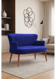Resim Roma Modern İkili Koltuk - Babyface Kumaş - Kapitonesiz - Ahşap Ceviz Renk Ayak - Saks Mavi Saks Mavi 