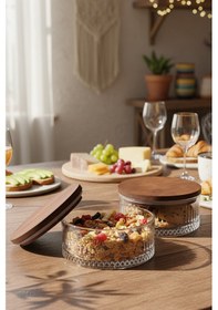 Resim Bella Plus - 2'li Cam Kase Çerezlik Kahvaltılık Şekerlik Ahşap Vakumlu Kapaklı Kase 510 Ml Ahşap 