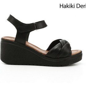 Resim Gönderi(R) Gönderi R Siyah Bilekten Cırt Bantlı Dolgu Topuklu Hakiki Deri Sandalet Siyah 