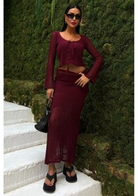 Resim WeShaya Kadın Bordo Triko Kare Yaka Uzun Kollu Takım Bordo 