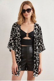 Resim Olalook Kadın Siyah Dokuma Viskon Desenli Kimono KMN-00000074 