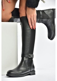 Resim Fox Shoes V965010109 Siyah Arkası Dalgıç Kumaş Streç Kadın Çizme Siyah-Suni Deri 