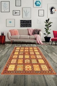 Resim Pelangi Etnik Kilim Deseli Dijital Baskılı Yıkanabilir Kaymaz Taban Modern Salon Halısı, Sarı-Kahverengi 80 x 600, OTCKLM28060005 
