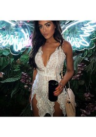 Resim Fashion Cocktail Çift Yırtmaçlı Sırt Çapraz Sexy Payet Işleme Süper Mini Abiye Elbise Beyaz 