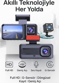 Resim Zineets Siyah 1080p Araç içi 3 Kameralı Lcd Ekranlı Gece Görüşlü , G-sensör , Geri Görüş Kamera 