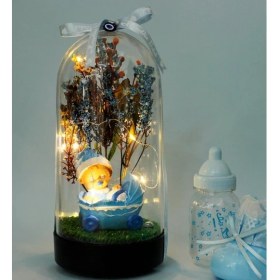 Resim Mobgift Çiçek Altında Yeni Doğan Bebek Tasarımlı Işıklı Fanus (Mavi) 