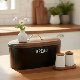 Resim Skygo Siyah Metal Ekmek Kutusu 33X18X18 cm | Ahşap Kapaklı Büyük Hacimli Ekmeklik | Kulplu Modern Mutfak Depolama Kabı | Uzun Süre Taze Saklama 