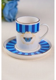 Resim Tabak Evi Porselen Butterfly Collection Altın Yaldızlı Kahve Fincanı 85cc Mavi Tekli Çok Renkli 