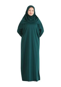 Resim Namaz Elbisesi Eşarp Seccade Tesbih Set, İslami Giyim Takım Ferace Turban Şal Zümrüt Yeşili 