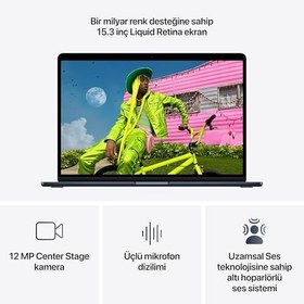 Resim Apple M5 çipli 15 inç MacBook Air Laptop: 15.3 inç Liquid Retina Ekran, 10 CPU, 10 GPU, 24GB Birleşik Bellek, 1 TB SSD Depolama, 12 MP Center Stage Kamera, Touch ID; Gece Yarısı 