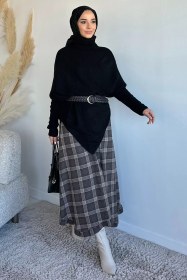 Resim Boğazlı Tesettür Triko Panço Siyah TZL-P-00020201 