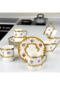 Resim Kosova 90 Cc 6 Lı Yaldızlı Çiçekli Türk Kahve Fincan Takımı Beyaz 