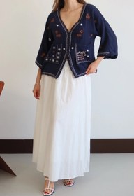 Resim Lusin Kadın Lacivert Etnik Nakış İşlemeli Cep Detaylı Düğmeli Yazlık Bohem Müslin Gömlek Kimono 