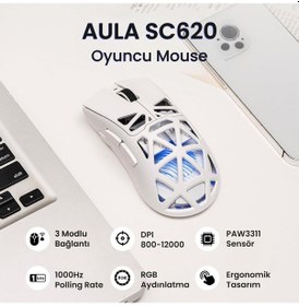 Resim Aula Sc620 Paw3311 Sensör 12000 Dpı 1000hz Kablolu Ve Kablosuz Gaming Oyuncu Mouse Beyaz Sc620 